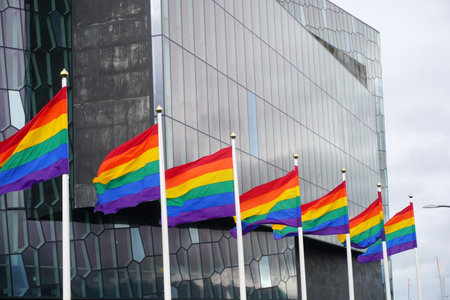 Iceland, ReykjavÃ­k, August 7th 2022 - Pride month, Harpa Concert Hall and rainbow flagsのeditorial素材
