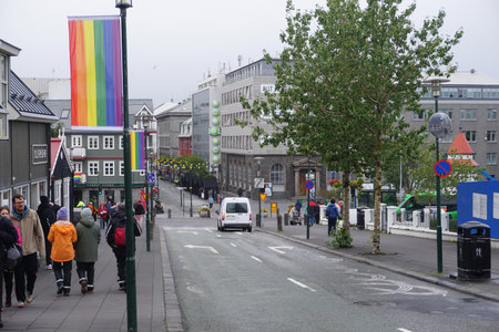 Iceland, ReykjavÃ­k, August 7th 2022 - Pride month, rainbow flag in downtownのeditorial素材