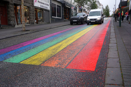 Iceland, ReykjavÃ­k, August 7th 2022 - Pride month, rainbow road in downtownのeditorial素材