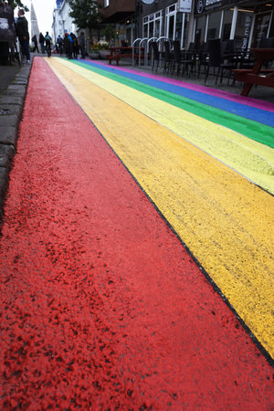 Iceland, ReykjavÃ­k, August 7th 2022 - Pride month, rainbow road in downtownのeditorial素材