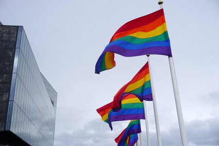 Iceland, ReykjavÃ­k, August 7th 2022 - Pride month, Harpa Concert Hall and rainbow flagsのeditorial素材