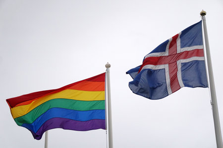 Iceland, ReykjavÃ­k, August 7th 2022 - Pride month, rainbow and icelandic flagsのeditorial素材