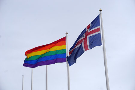 Iceland, ReykjavÃ­k, August 7th 2022 - Pride month, rainbow and icelandic flagsのeditorial素材