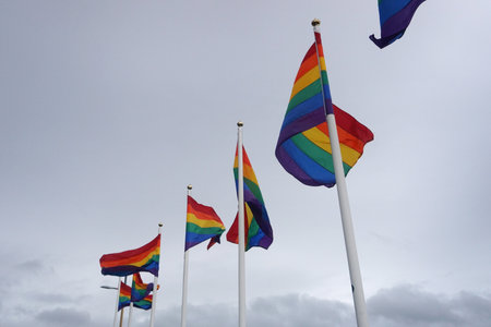 Iceland, ReykjavÃ­k, August 7th 2022 - Pride month - many rainbow flagsのeditorial素材