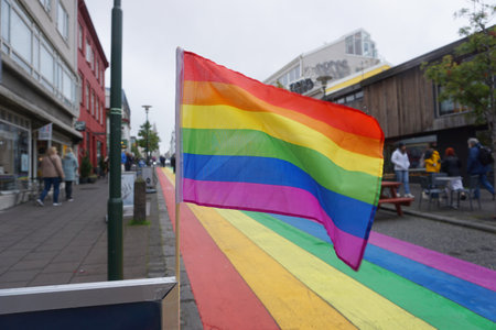 Iceland, ReykjavÃ­k, August 7th 2022 - Pride month, rainbow road in downtownのeditorial素材