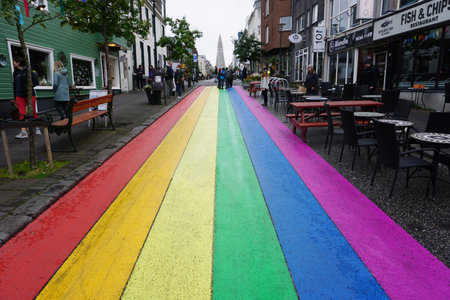 Iceland, ReykjavÃ­k, August 7th 2022 - Pride month, rainbow road in downtownのeditorial素材