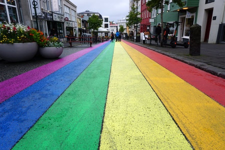 Iceland, ReykjavÃ­k, August 7th 2022 - Pride month, rainbow road in downtownのeditorial素材