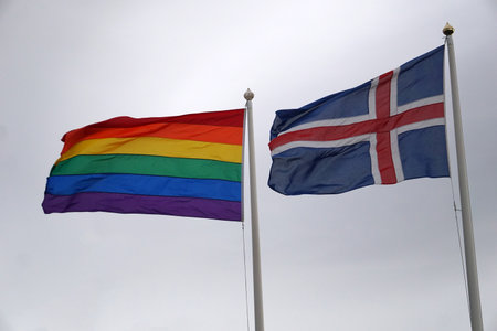 Iceland, ReykjavÃ­k, August 7th 2022 - Pride month, rainbow and icelandic flagsのeditorial素材