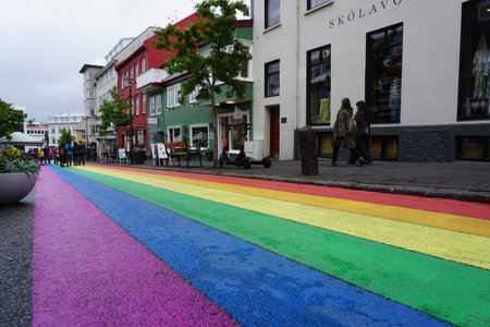Iceland, ReykjavÃ­k, August 7th 2022 - Pride month, rainbow road in downtownのeditorial素材