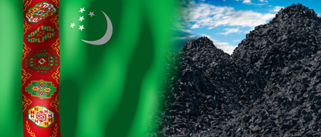 Turkmenistan - country flag and pile of coal - 3D illustrationの写真素材