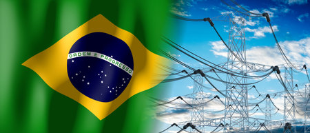 Brazil - country flag and electricity pylons - 3D illustrationの写真素材