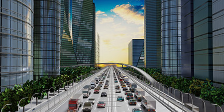 Highway in the city, skyscrapers - 3D illustration