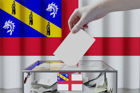 Herm flag, hand dropping ballot card into a box - voting/ election concept - 3D illustration