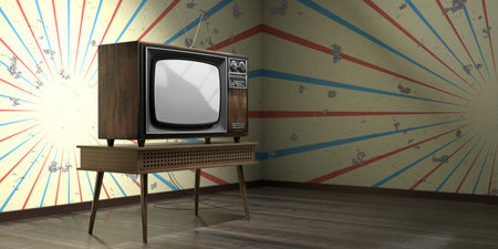 Vintage, retro television set, wallpaper with burst stripes on cracked wall - 3D illustration