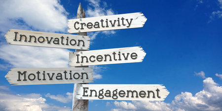 Creativity, innovation, incentive, motivation, engagement - wooden signpost with five arrowsの写真素材