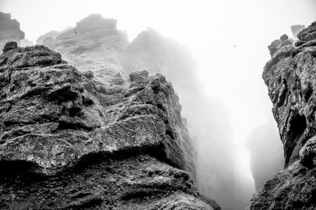 Rocks and fog at Raudfeldsgja Gorge on Snaefellsnes Peninsula in Icelandの写真素材