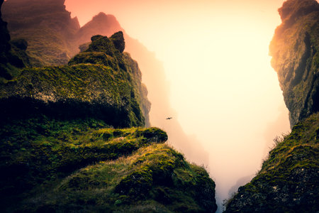 Rocks and fog at Raudfeldsgja Gorge on Snaefellsnes Peninsula in Icelandの写真素材