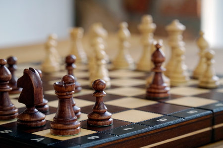 Black and white chess pieces on a board - selective focusの写真素材