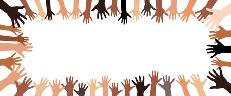 Colorful human hands with different skin colors and white background - vector illustrationのイラスト素材