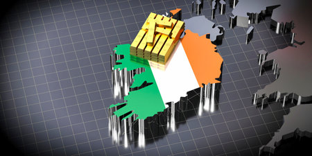 Ireland map and flag, gold ingots - 3D illustrationの写真素材