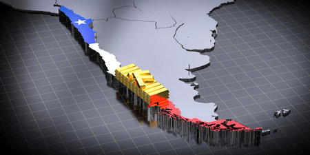 Chile map and flag, gold ingots - 3D illustrationの写真素材