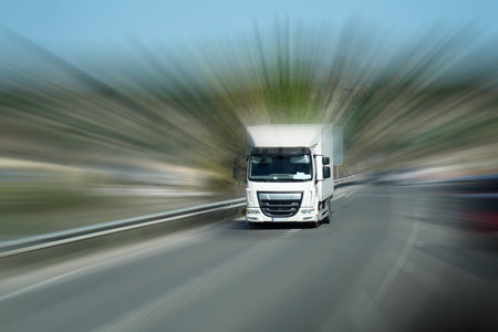 Truck on a highway - front view, zoom effectの写真素材