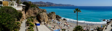 2023.04.07 - Spain, Andalusia, Nerja - panoramic view of sea shore and beachのeditorial素材