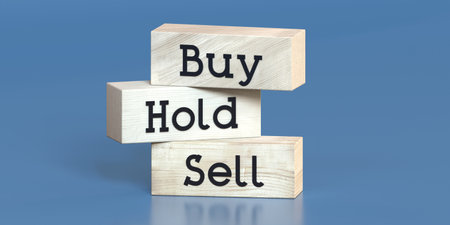Buy, hold, sell - words on wooden blocks - 3D illustrationの写真素材