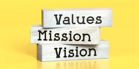 Values, mission, vision - words on wooden blocks - 3D illustrationの写真素材