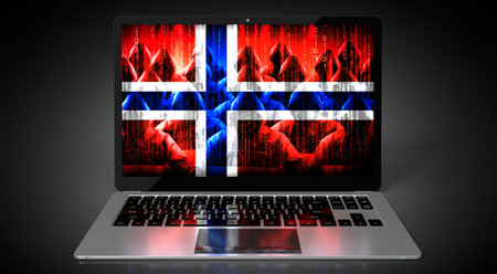 Norway - country flag and hackers on laptop screen - cyber attack conceptの写真素材