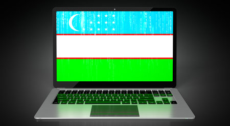 Uzbekistan - country flag and binary code on laptop screen - 3D illustrationの写真素材