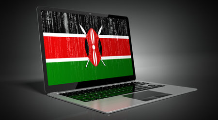 Kenya - country flag and binary code on laptop screen - 3D illustrationの写真素材