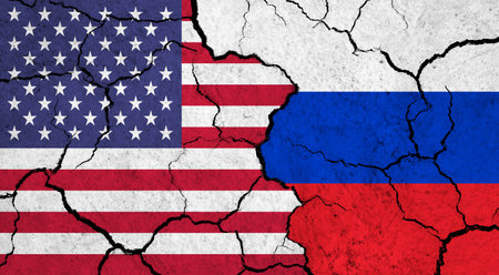 Flags of USA and Russia on cracked surface - politics, relationship conceptの写真素材
