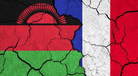 Flags of Malawi and France on cracked surface - politics, relationship conceptの写真素材