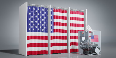 USA - voting booths with country flag and ballot box - 3D illustration