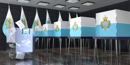 San Marino - polling station with voting booths and ballot box - election concept - 3D illustration
