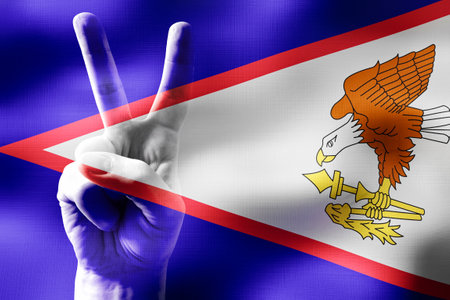American Samoa - two fingers showing peace sign and national flagの写真素材