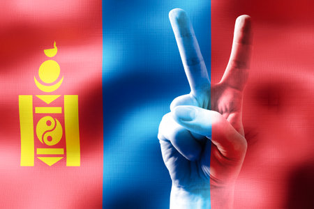 Mongolia - two fingers showing peace sign and national flagの写真素材