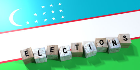 Uzbekistan - elections concept - wooden blocks and country flag - 3D illustrationの写真素材