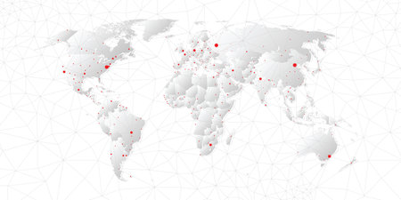 Modern world map with connection lines and capital cities - on white backgroundのイラスト素材