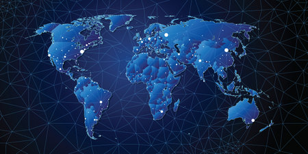 Modern world map with connection lines and capital cities - on dark blue backgroundのイラスト素材