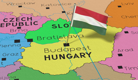 Hungary, Budapest - national flag pinned on political map - 3D illustrationの写真素材