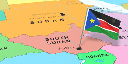 South Sudan, Juba - national flag pinned on political map - 3D illustrationの写真素材
