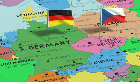 Germany and Czech Republic - pin flags on political map - 3D illustrationの写真素材