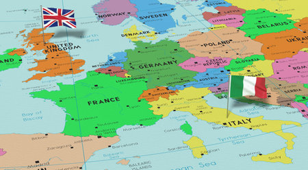 United Kingdom and Italy - pin flags on political map - 3D illustrationの写真素材
