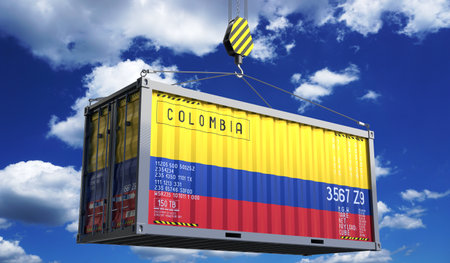 Freight shipping container with national flag of Colombia hanging on crane hook - 3D illustrationの写真素材