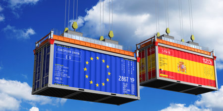Shipping containers with flags of European Union and Spain - 3D illustrationの写真素材