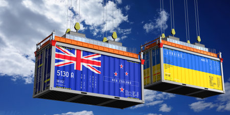 Shipping containers with flags of New Zealand and Ukraine - 3D illustrationの写真素材