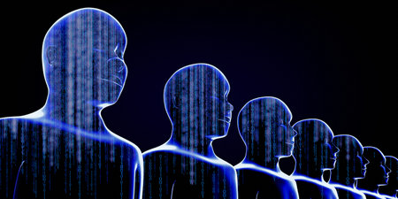 Geometrical men faces with binary code - 3D illustrationの写真素材