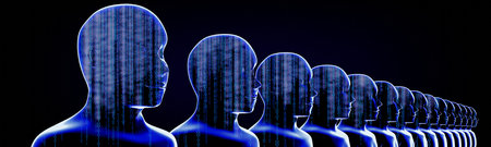 Geometrical men faces with binary code - 3D illustrationの写真素材